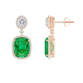 10x8mm AAA Two Tier Claw-Set Emerald Dangle Earrings with Diamond Halo in 18K Rose Gold