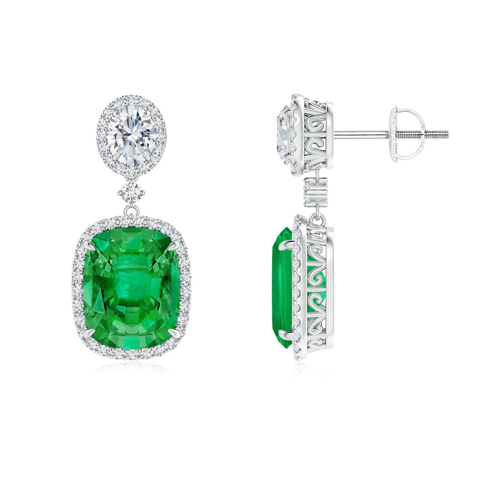 10x8mm AAA Two Tier Claw-Set Emerald Dangle Earrings with Diamond Halo in White Gold