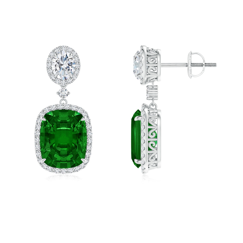 10x8mm AAAA Two Tier Claw-Set Emerald Dangle Earrings with Diamond Halo in P950 Platinum