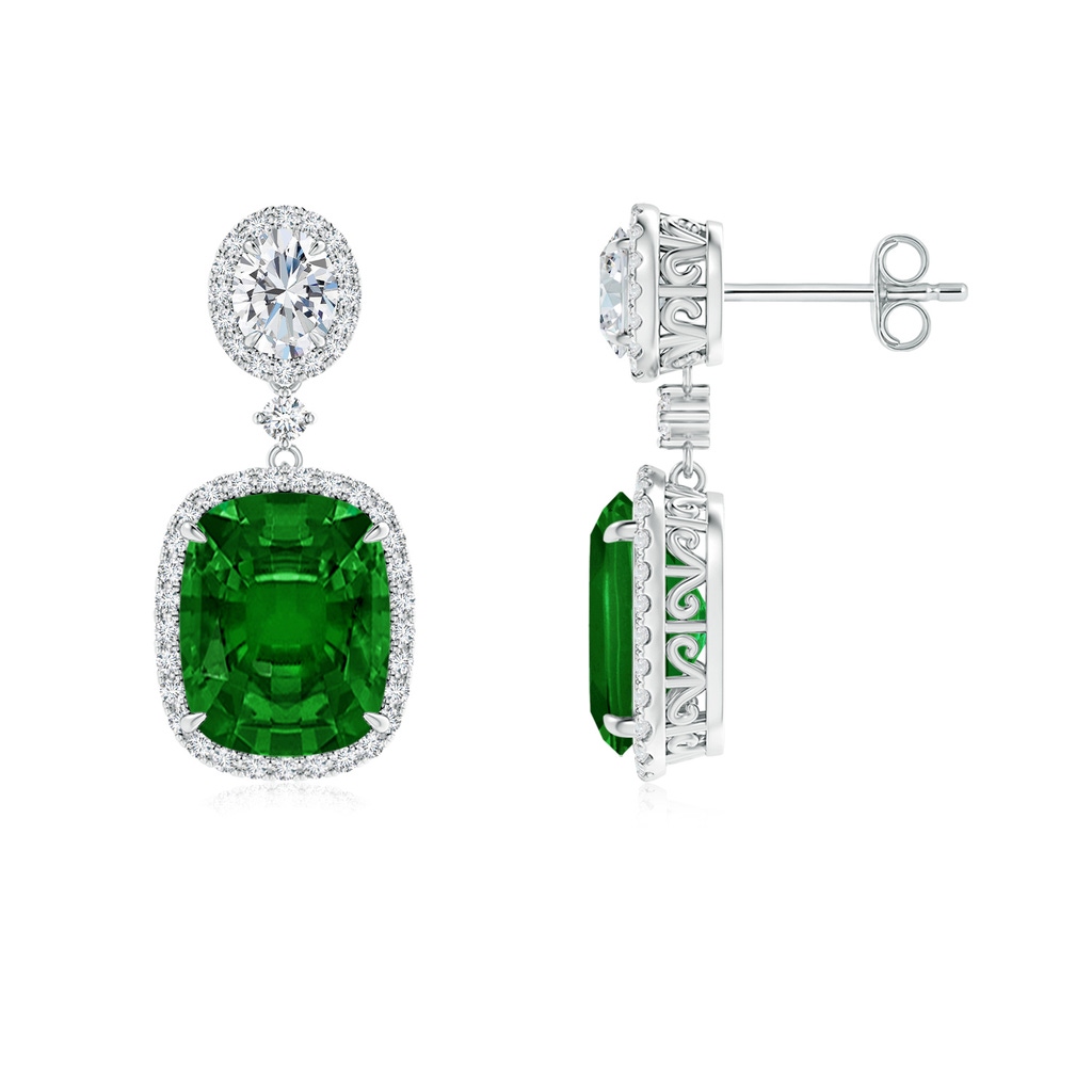 10x8mm AAAA Two Tier Claw-Set Emerald Dangle Earrings with Diamond Halo in S999 Silver