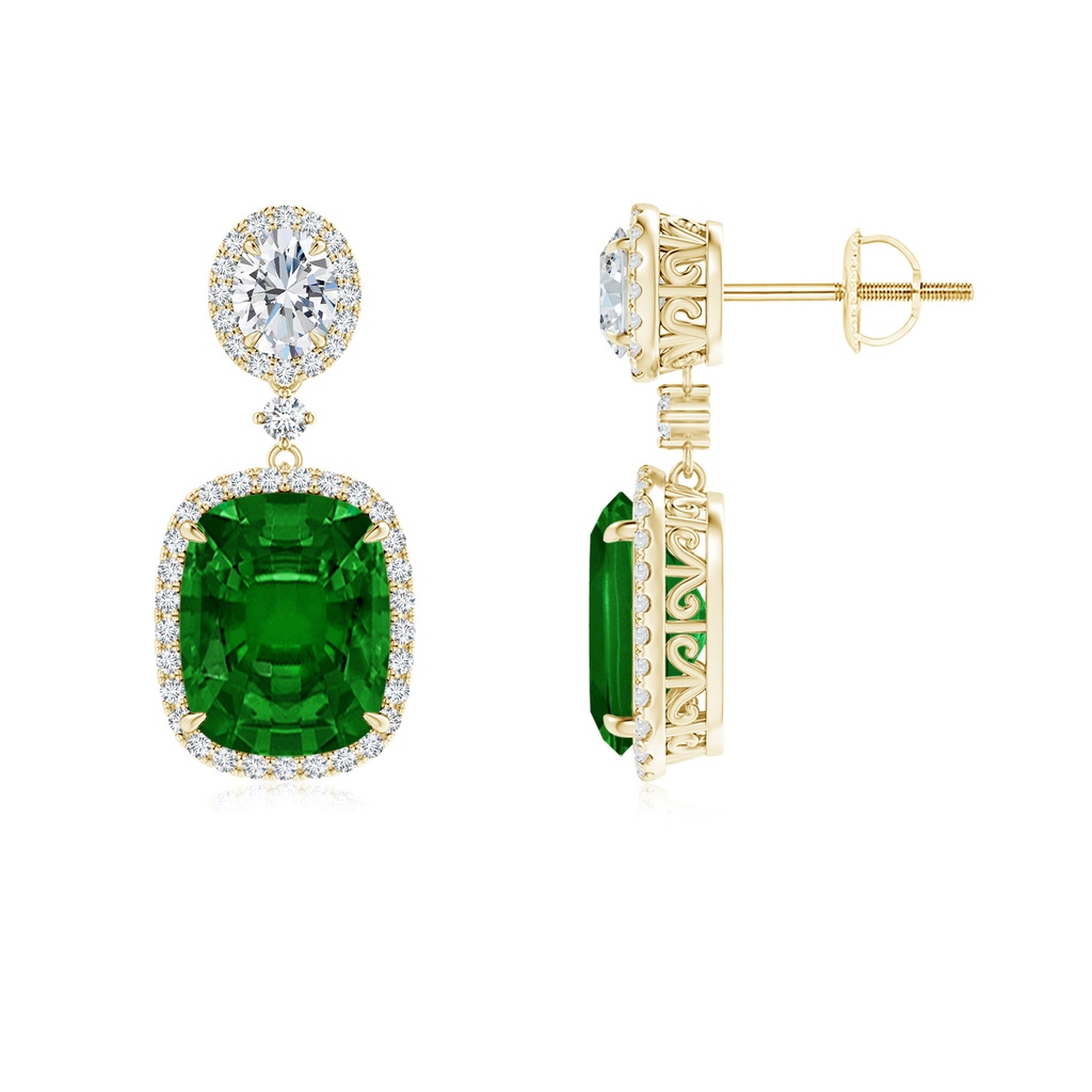 10x8mm AAAA Two Tier Claw-Set Emerald Dangle Earrings with Diamond Halo in Yellow Gold