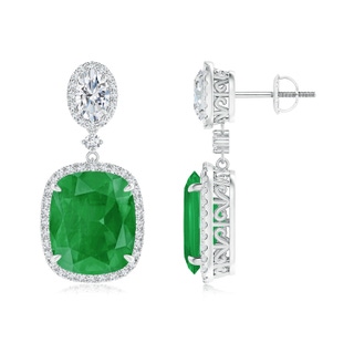 12x10mm A Two Tier Claw-Set Emerald Dangle Earrings with Diamond Halo in P950 Platinum