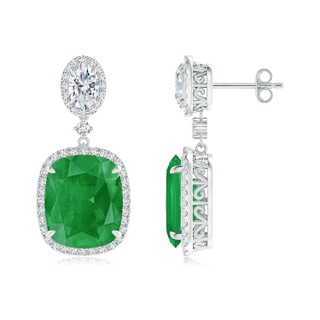 12x10mm A Two Tier Claw-Set Emerald Dangle Earrings with Diamond Halo in S999 Silver