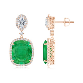 12x10mm AA Two Tier Claw-Set Emerald Dangle Earrings with Diamond Halo in 18K Rose Gold