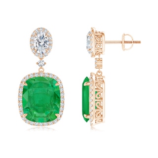 12x10mm AA Two Tier Claw-Set Emerald Dangle Earrings with Diamond Halo in Rose Gold