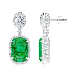 14x10mm AAA Two Tier Claw-Set Emerald Dangle Earrings with Diamond Halo in P950 Platinum