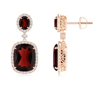 10x8mm AA Two Tier Claw-Set Garnet Dangle Earrings with Diamond Halo in Rose Gold