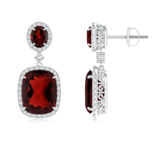 10x8mm AAA Two Tier Claw-Set Garnet Dangle Earrings with Diamond Halo in White Gold