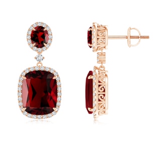 10x8mm AAAA Two Tier Claw-Set Garnet Dangle Earrings with Diamond Halo in 9K Rose Gold