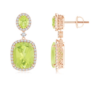 10x8mm A Two Tier Claw-Set Peridot Dangle Earrings with Diamond Halo in Rose Gold