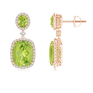 10x8mm AA Two Tier Claw-Set Peridot Dangle Earrings with Diamond Halo in Rose Gold