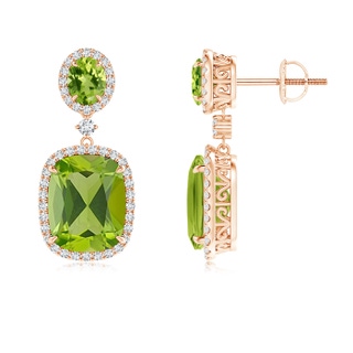 10x8mm AAA Two Tier Claw-Set Peridot Dangle Earrings with Diamond Halo in Rose Gold