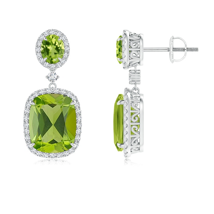 10x8mm AAA Two Tier Claw-Set Peridot Dangle Earrings with Diamond Halo in White Gold 