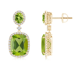 10x8mm AAA Two Tier Claw-Set Peridot Dangle Earrings with Diamond Halo in Yellow Gold