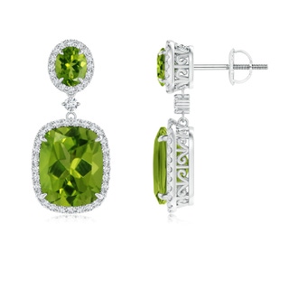 10x8mm AAAA Two Tier Claw-Set Peridot Dangle Earrings with Diamond Halo in 9K White Gold