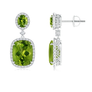 10x8mm AAAA Two Tier Claw-Set Peridot Dangle Earrings with Diamond Halo in White Gold