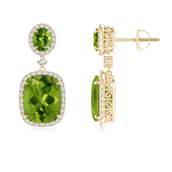 10x8mm AAAA Two Tier Claw-Set Peridot Dangle Earrings with Diamond Halo in Yellow Gold