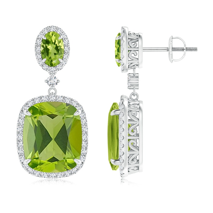 12x10mm AAA Two Tier Claw-Set Peridot Dangle Earrings with Diamond Halo in White Gold