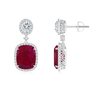 10x8mm A Two Tier Claw-Set Ruby Dangle Earrings with Diamond Halo in P950 Platinum