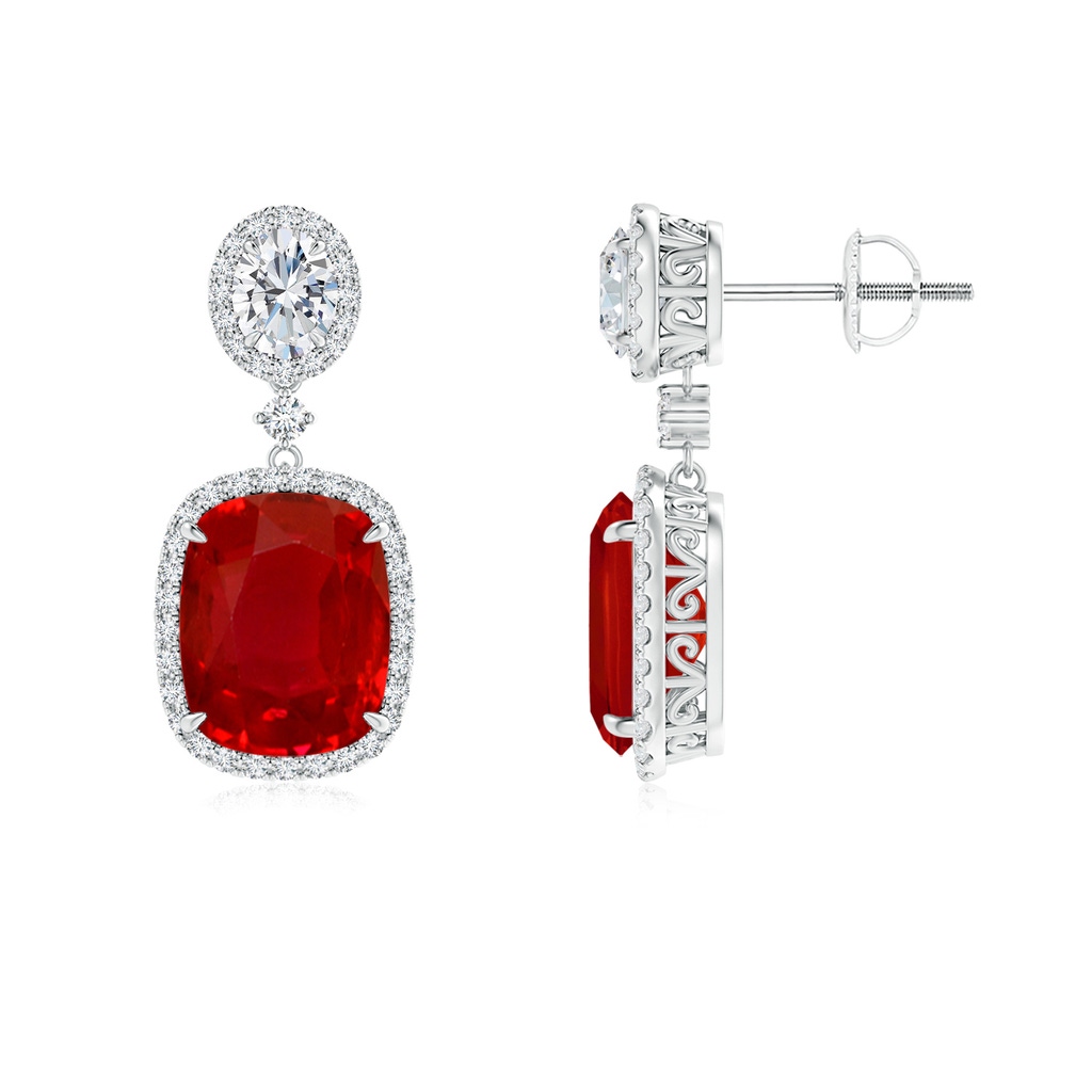 10x8mm AAA Two Tier Claw-Set Ruby Dangle Earrings with Diamond Halo in White Gold