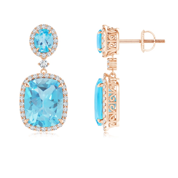 10x8mm AA Two Tier Claw-Set Swiss Blue Topaz Dangle Earrings in Rose Gold 
