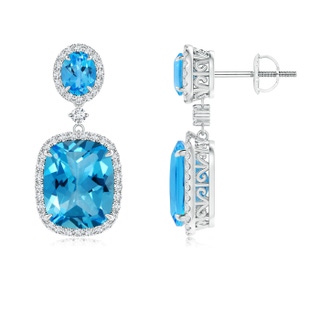 10x8mm AAAA Two Tier Claw-Set Swiss Blue Topaz Dangle Earrings in White Gold