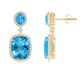 10x8mm AAAA Two Tier Claw-Set Swiss Blue Topaz Dangle Earrings in Yellow Gold