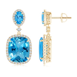 12x10mm AAAA Two Tier Claw-Set Swiss Blue Topaz Dangle Earrings in Yellow Gold