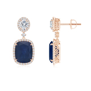 10x8mm A Two Tier Claw-Set Blue Sapphire Dangle Earrings with Diamond Halo in 18K Rose Gold