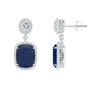 10x8mm A Two Tier Claw-Set Blue Sapphire Dangle Earrings with Diamond Halo in 18K White Gold