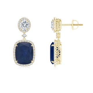 10x8mm A Two Tier Claw-Set Blue Sapphire Dangle Earrings with Diamond Halo in 18K Yellow Gold