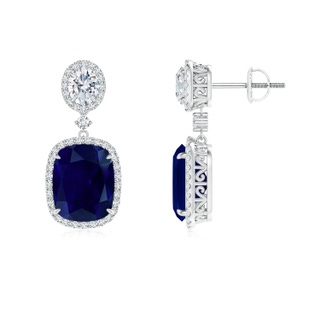 10x8mm AA Two Tier Claw-Set Blue Sapphire Dangle Earrings with Diamond Halo in 18K White Gold