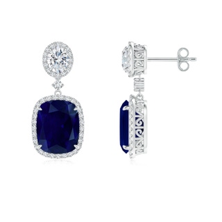 10x8mm AA Two Tier Claw-Set Blue Sapphire Dangle Earrings with Diamond Halo in S999 Silver