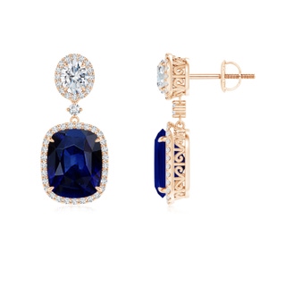 10x8mm AAA Two Tier Claw-Set Blue Sapphire Dangle Earrings with Diamond Halo in 9K Rose Gold