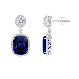 10x8mm AAA Two Tier Claw-Set Blue Sapphire Dangle Earrings with Diamond Halo in P950 Platinum