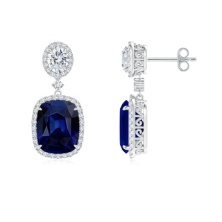 10x8mm AAA Two Tier Claw-Set Blue Sapphire Dangle Earrings with Diamond Halo in S999 Silver