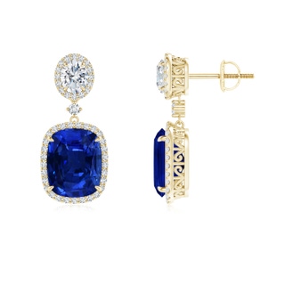 10x8mm Lab-Grown Two Tier Claw-Set Blue Sapphire Dangle Earrings with Diamond Halo in 10K Yellow Gold