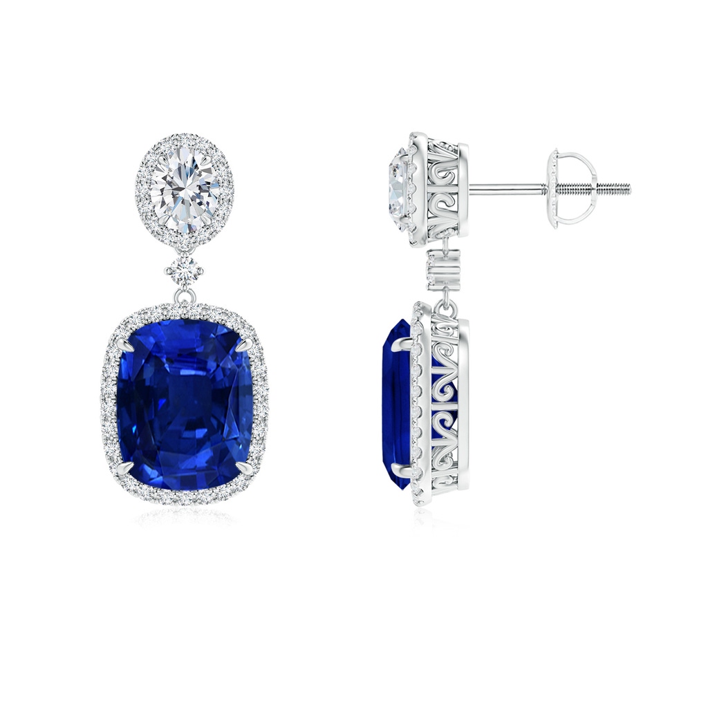 10x8mm AAAA Two Tier Claw-Set Blue Sapphire Dangle Earrings with Diamond Halo in P950 Platinum