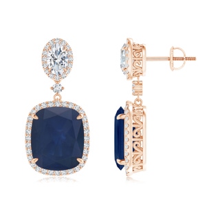 12x10mm A Two Tier Claw-Set Blue Sapphire Dangle Earrings with Diamond Halo in 18K Rose Gold