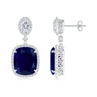 12x10mm AA Two Tier Claw-Set Blue Sapphire Dangle Earrings with Diamond Halo in S999 Silver