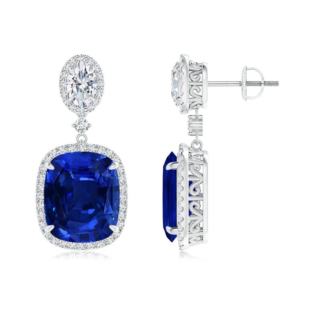 12x10mm Lab-Grown Two Tier Claw-Set Blue Sapphire Dangle Earrings with Diamond Halo in White Gold