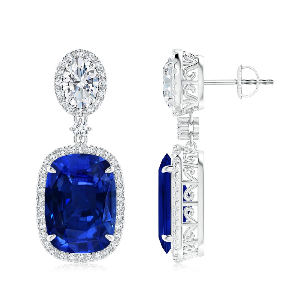 14x10mm AAAA Two Tier Claw-Set Blue Sapphire Dangle Earrings with Diamond Halo in P950 Platinum