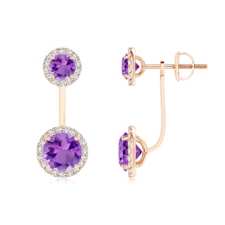 6mm AA Round Amethyst Front-Back Drop Earrings with Diamond Halo in Rose Gold