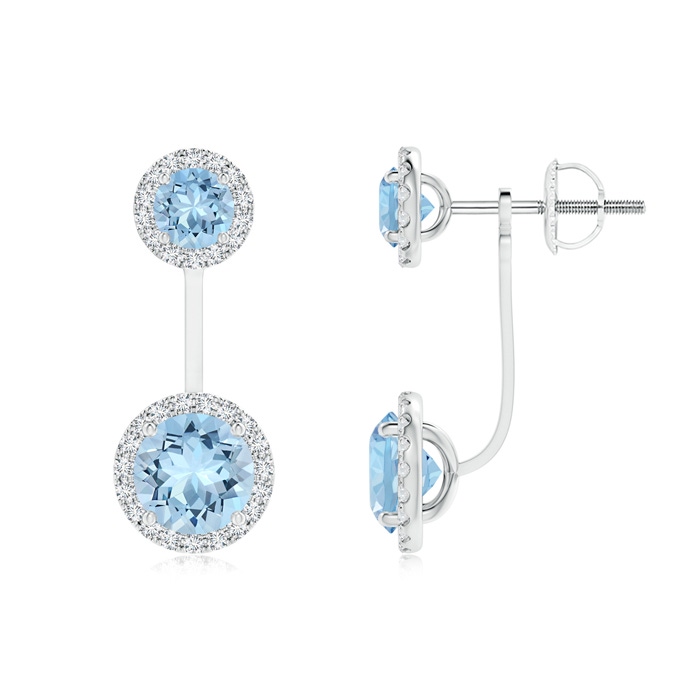 6mm AAA Round Aquamarine Front-Back Drop Earrings with Diamond Halo in White Gold
