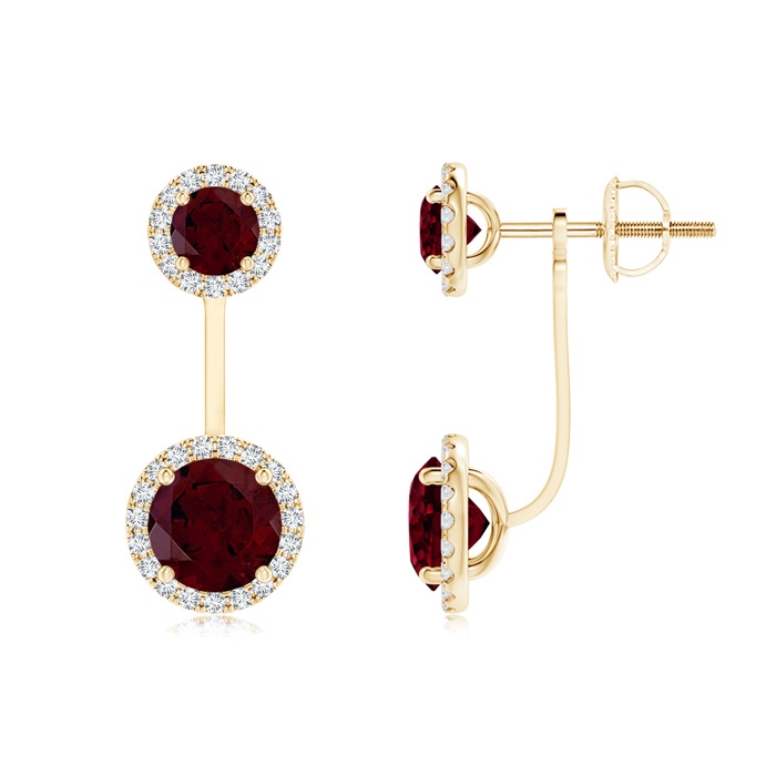 6mm A Round Garnet Front-Back Drop Earrings with Diamond Halo in Yellow Gold 