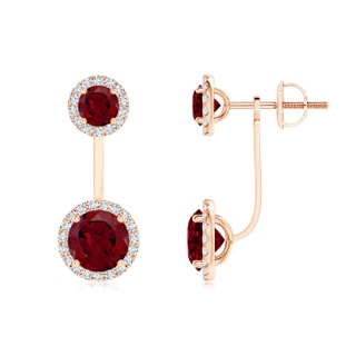 6mm AA Round Garnet Front-Back Drop Earrings with Diamond Halo in 9K Rose Gold