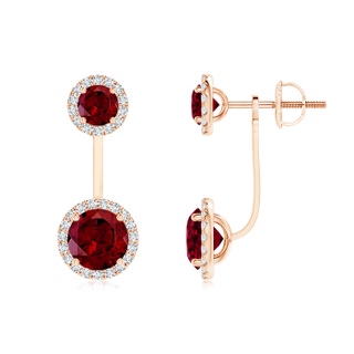 6mm AAA Round Garnet Front-Back Drop Earrings with Diamond Halo in 9K Rose Gold