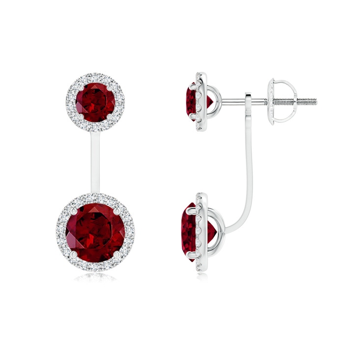 6mm AAA Round Garnet Front-Back Drop Earrings with Diamond Halo in White Gold