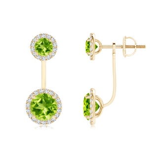 6mm AAA Round Peridot Front-Back Drop Earrings with Diamond Halo in Yellow Gold