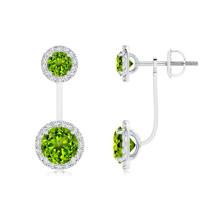 6mm AAAA Round Peridot Front-Back Drop Earrings with Diamond Halo in White Gold